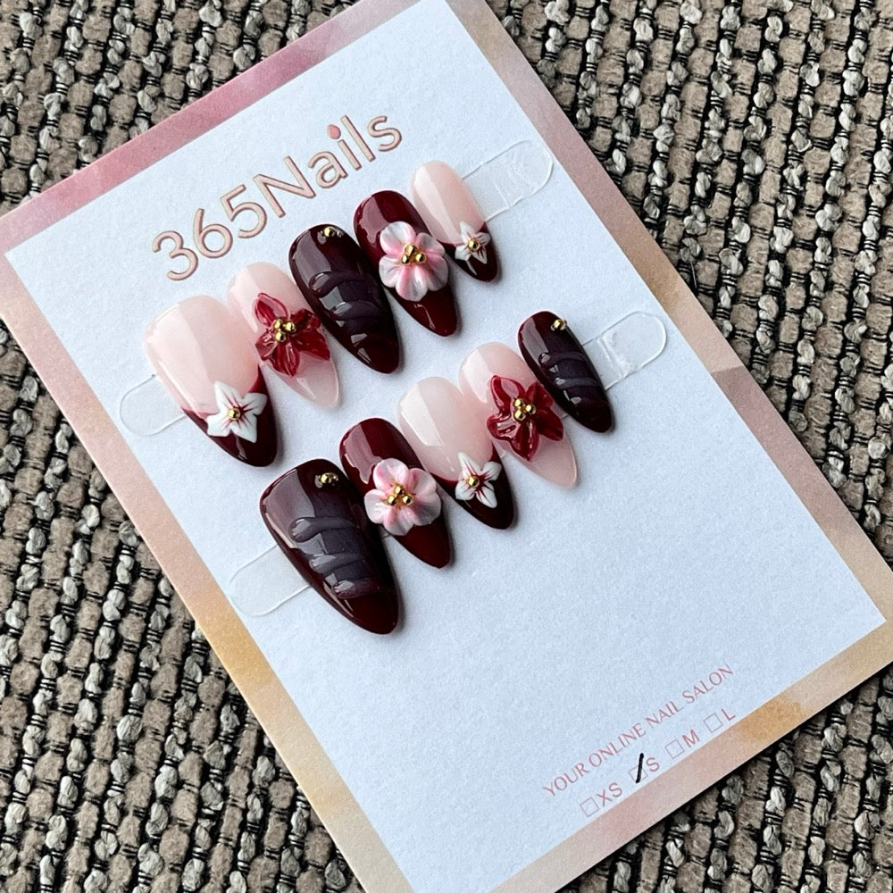 Elegant Maroon & Pink 3D Floral Almond Press-On Nails