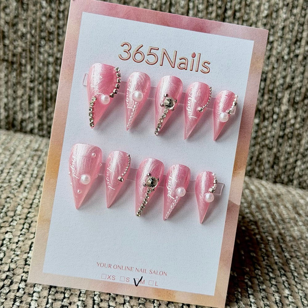 365nails: "Pink Angel Pearl Glitter" – Rhinestone & Pearl Handmade Medium Stiletto Nails