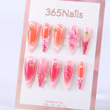 Sweet pink gradient 3D floral rhinestone long pointed hand-painted Press On Nail