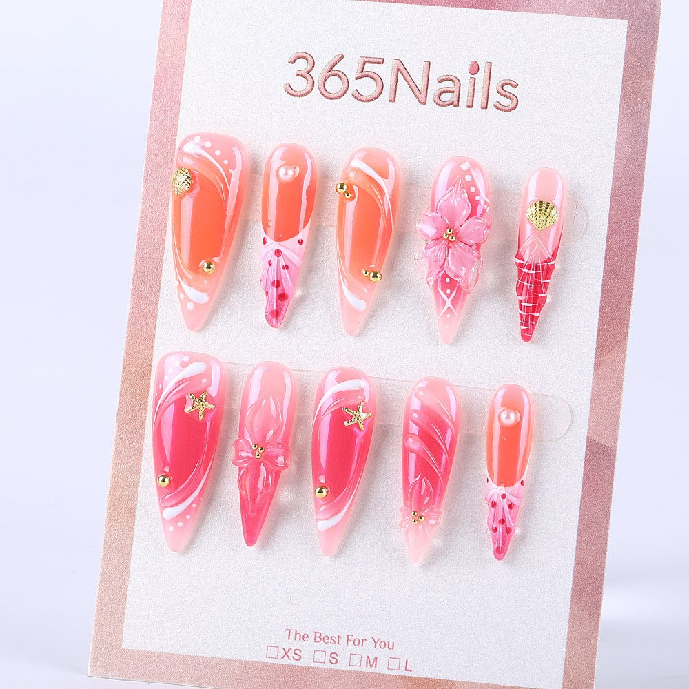 Sweet pink gradient 3D floral rhinestone long pointed hand-painted Press On Nail