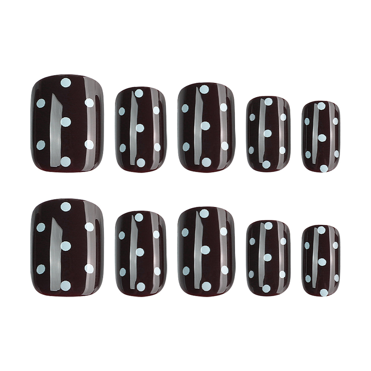 Ten black square press-on nails with white dots in two size rows