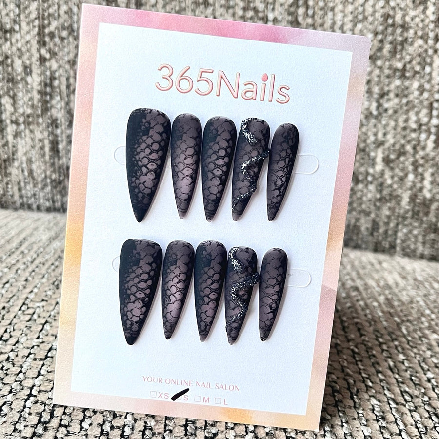 Gothic Snake Print Matte Black Stiletto Press-On Nails