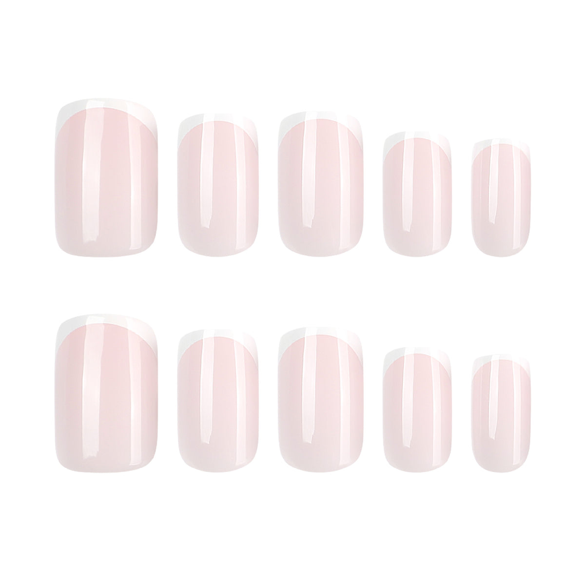 Five sizes of pale pink French tip press-on nails displayed in two rows