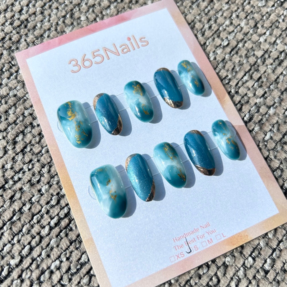 Ethereal Ink: "Teal Mist" – Deep Cyan & White Cloud Marble with Blue Cat Eye & Gold Tip Oval Nails