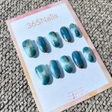 Ethereal Ink: "Teal Mist" – Deep Cyan & White Cloud Marble with Blue Cat Eye & Gold Tip Oval Nails