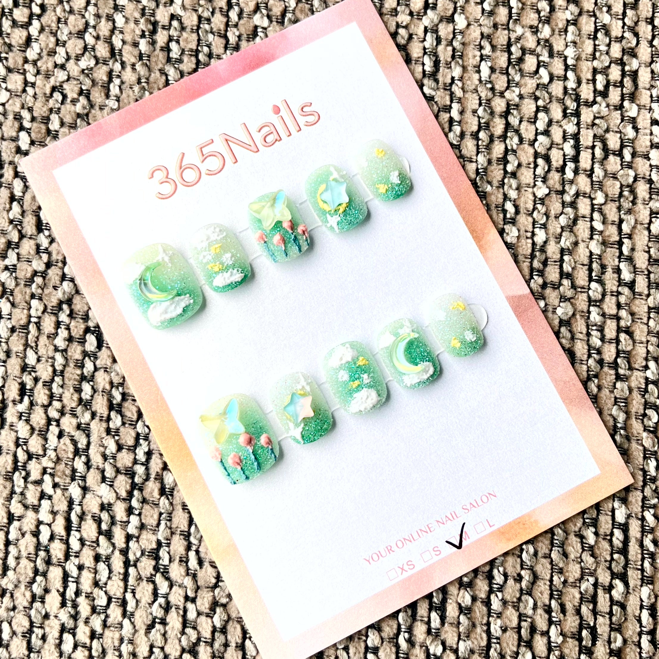 365nails: 신비로운 초원 – 3D 꽃무늬 & 천체 수제 롱 프레스온 네일