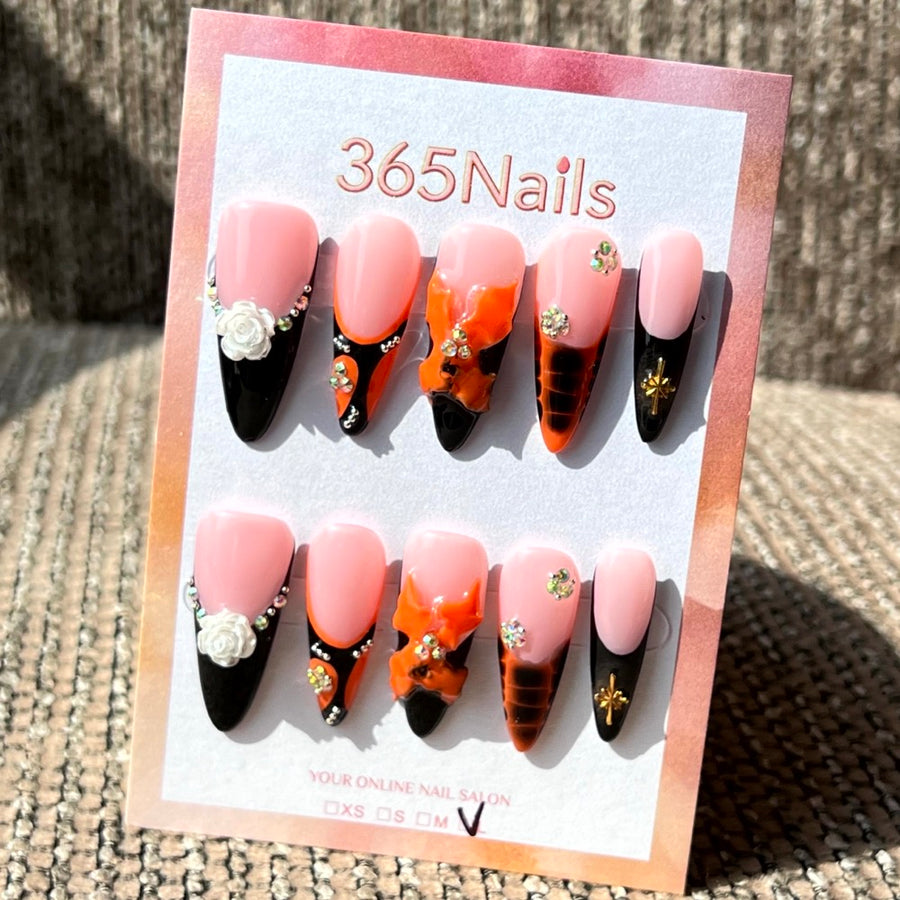 365nails : « Murmure d’automne » — ongles forme amande faits main avec fleur 3D et strass