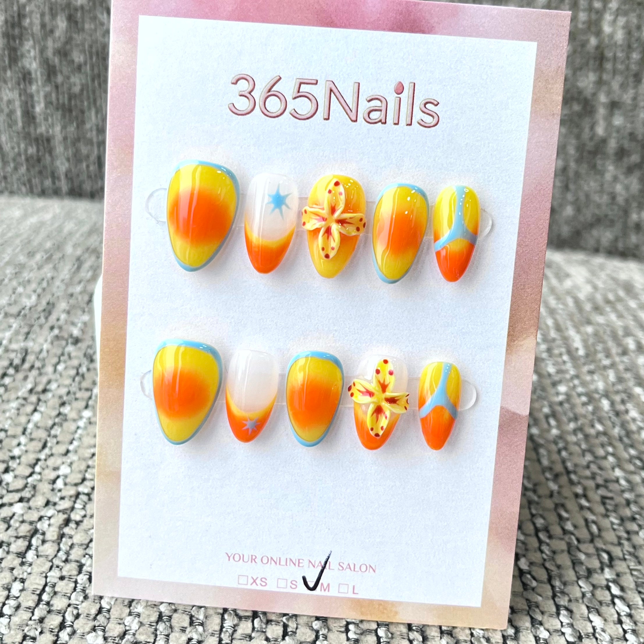 365nails: "Sunset Mirage" – 3D Floral & Starburst Handmade Almond Nails