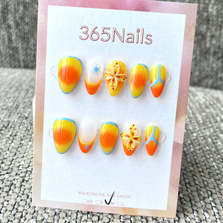 365nails: "Sunset Mirage" – 3D Floral & Starburst Handmade Almond Nails