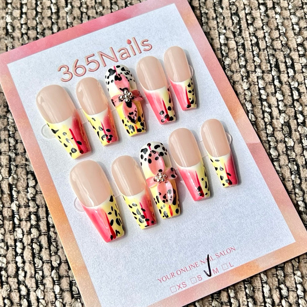 365nails: "트로피컬 오키드 레오파드" – 코핀형 수제 프레스온 네일