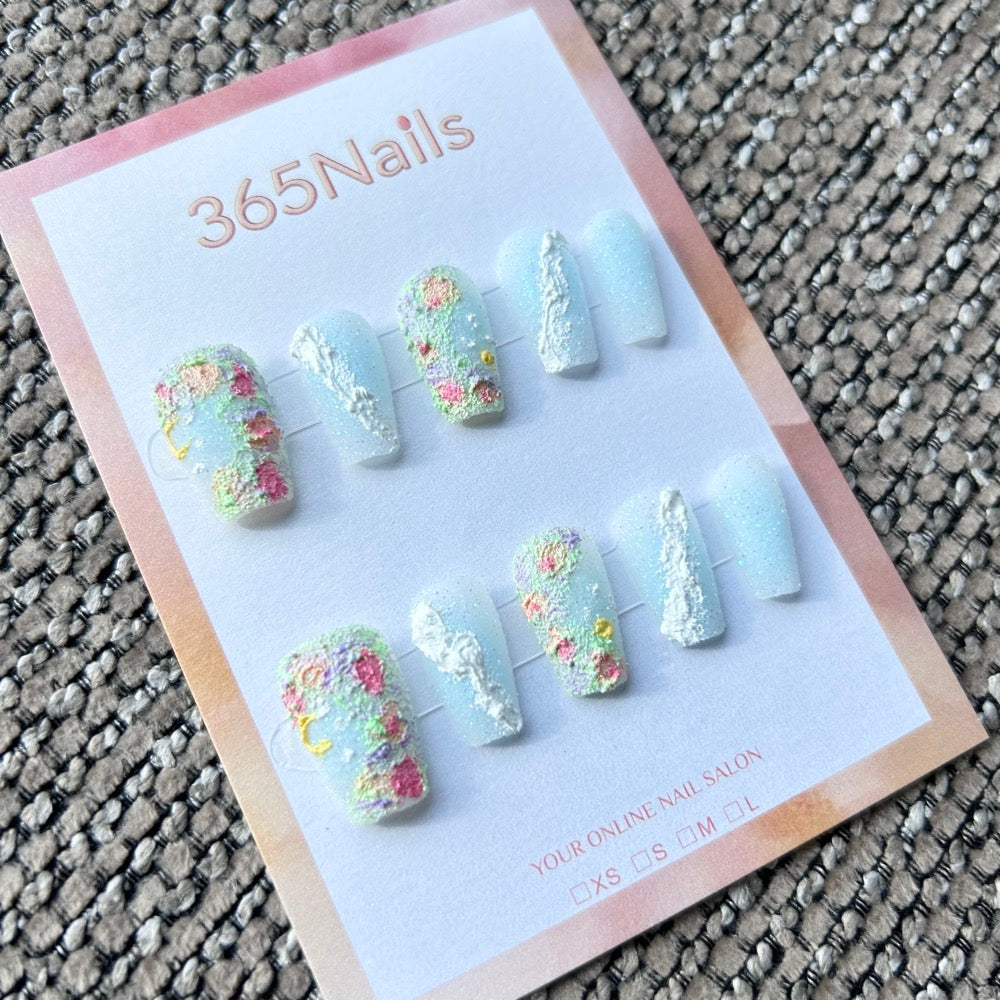 Sweet & Dopamine: "Monet's Frozen Garden" – Icy Blue Sugar Glitter, Impasto Floral & Plaster Texture Press-on Nails