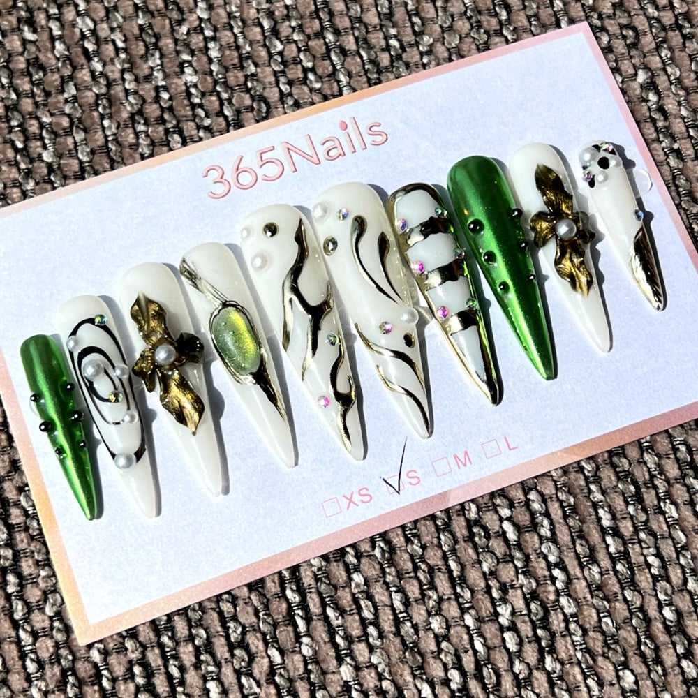 365nails: "에메랄드 엔비" – 3D 플로랄 & 추상 아트 수제 롱 스틸레토형 네일