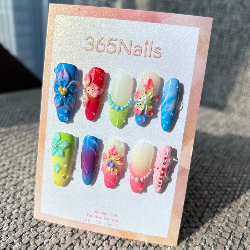 Handmade "Tropical Splash" 3D Floral Press-on Nails | Gradient Hibiscus & Water Drops | Long Coffin | 10pcs Set
