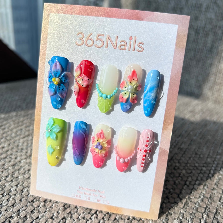 Fait main « Éclaboussure Tropicale » — ongles press-on 3D floraux | hibiscus en dégradé & gouttes d'eau | forme coffin long