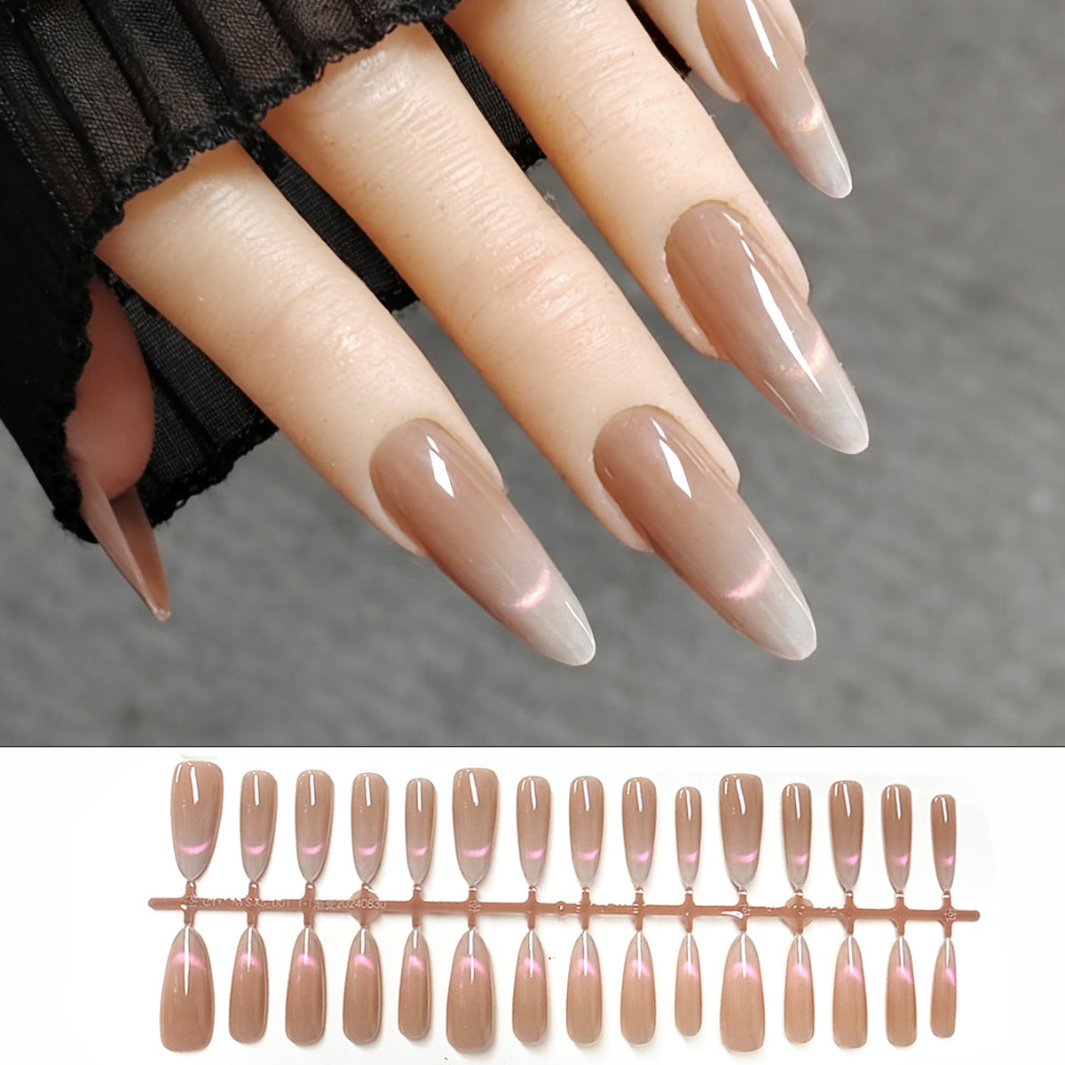 Elegant Nude Glass Bead Cat Eye Long Almond Press-On Nails