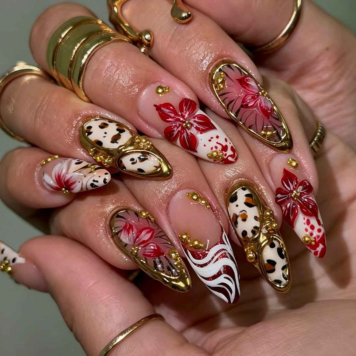 Glam 3D Charm Floral Animal Almond Medium Press On Nails – JP4602