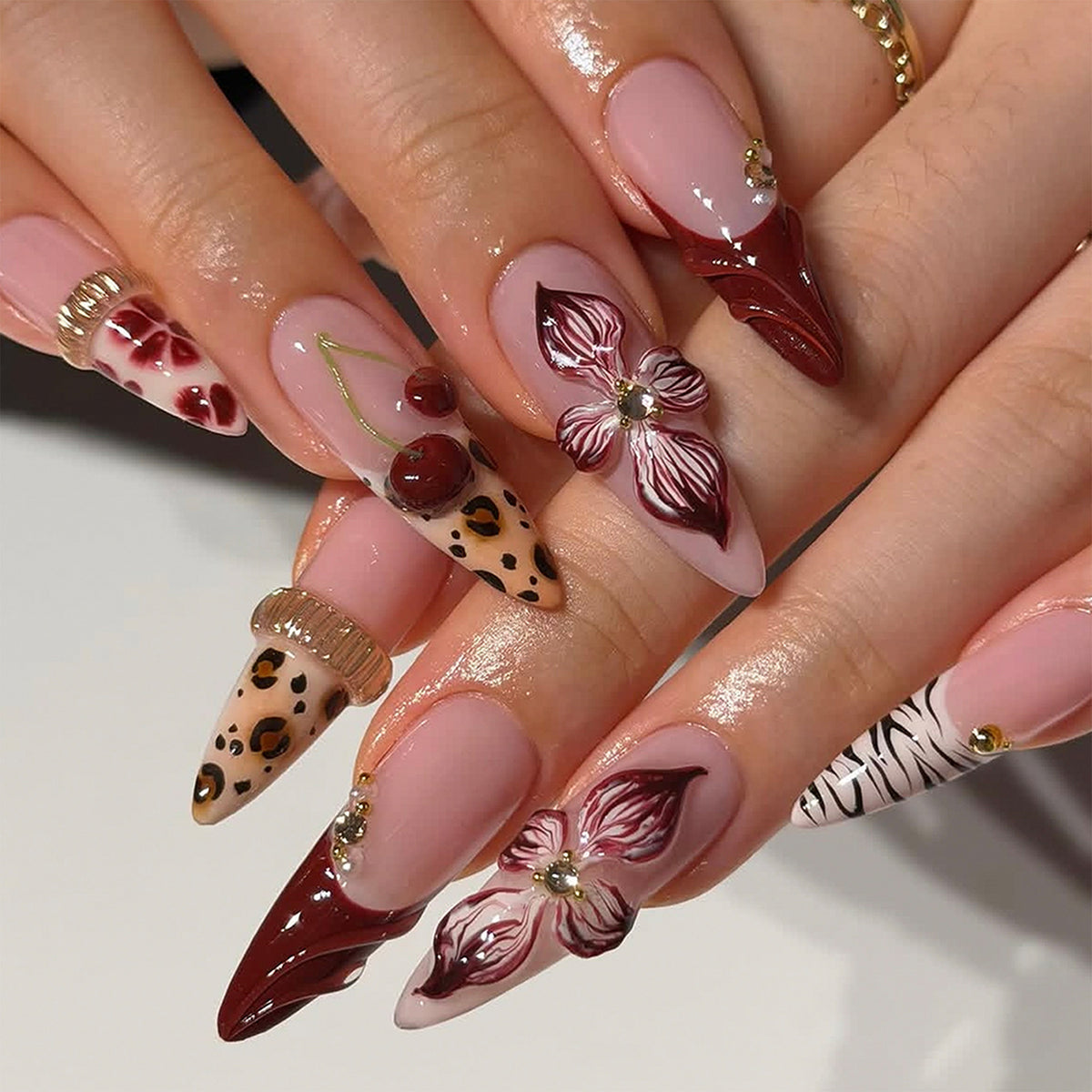 French Glam 3D Charm Animal Almond Long Press On Nails – JP4553