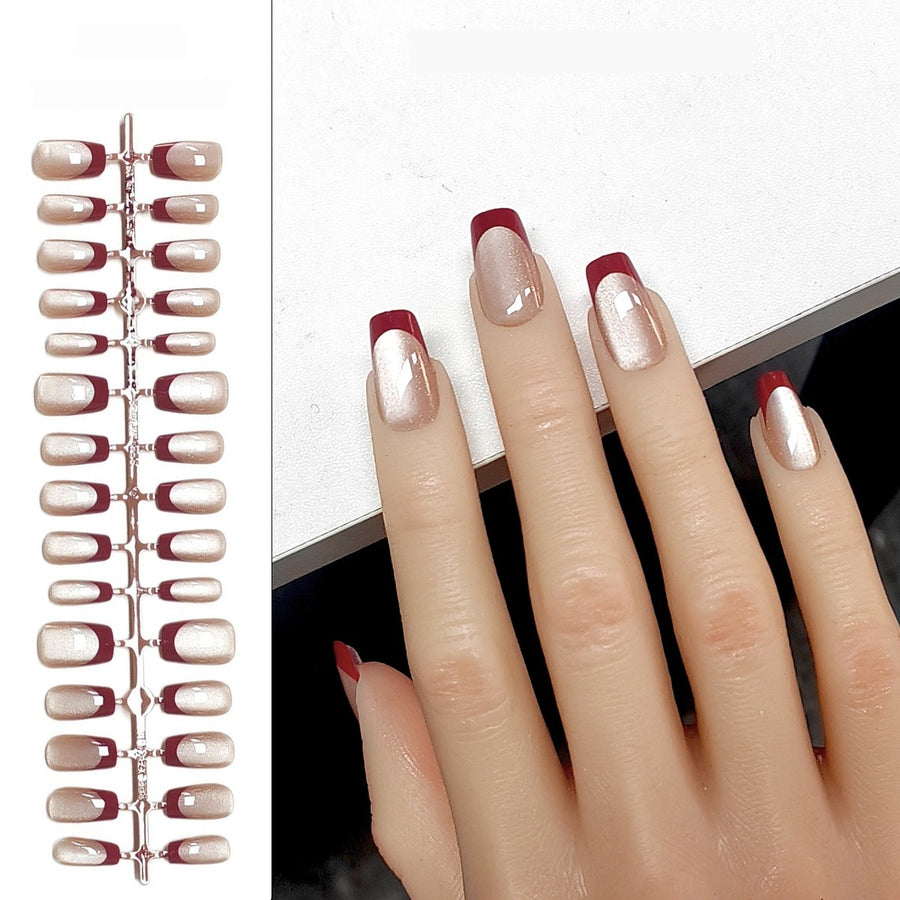 Elegant Red Cat Eye French Press-On Nails - Short Square