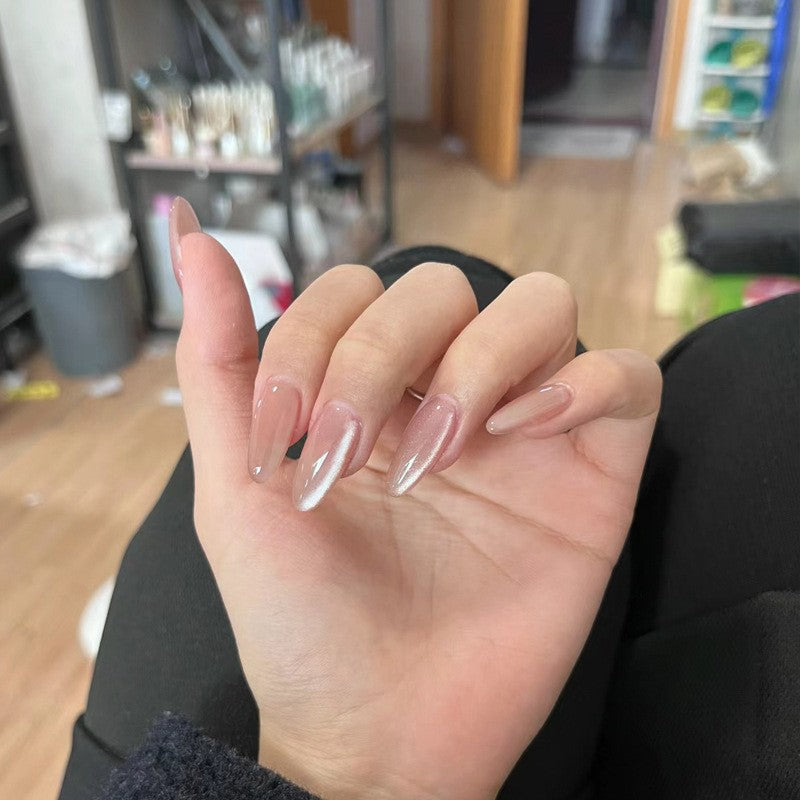 Sheer Nude Aurora Cat Eye Press-On Nails | Jelly Finish Almond & Oval
