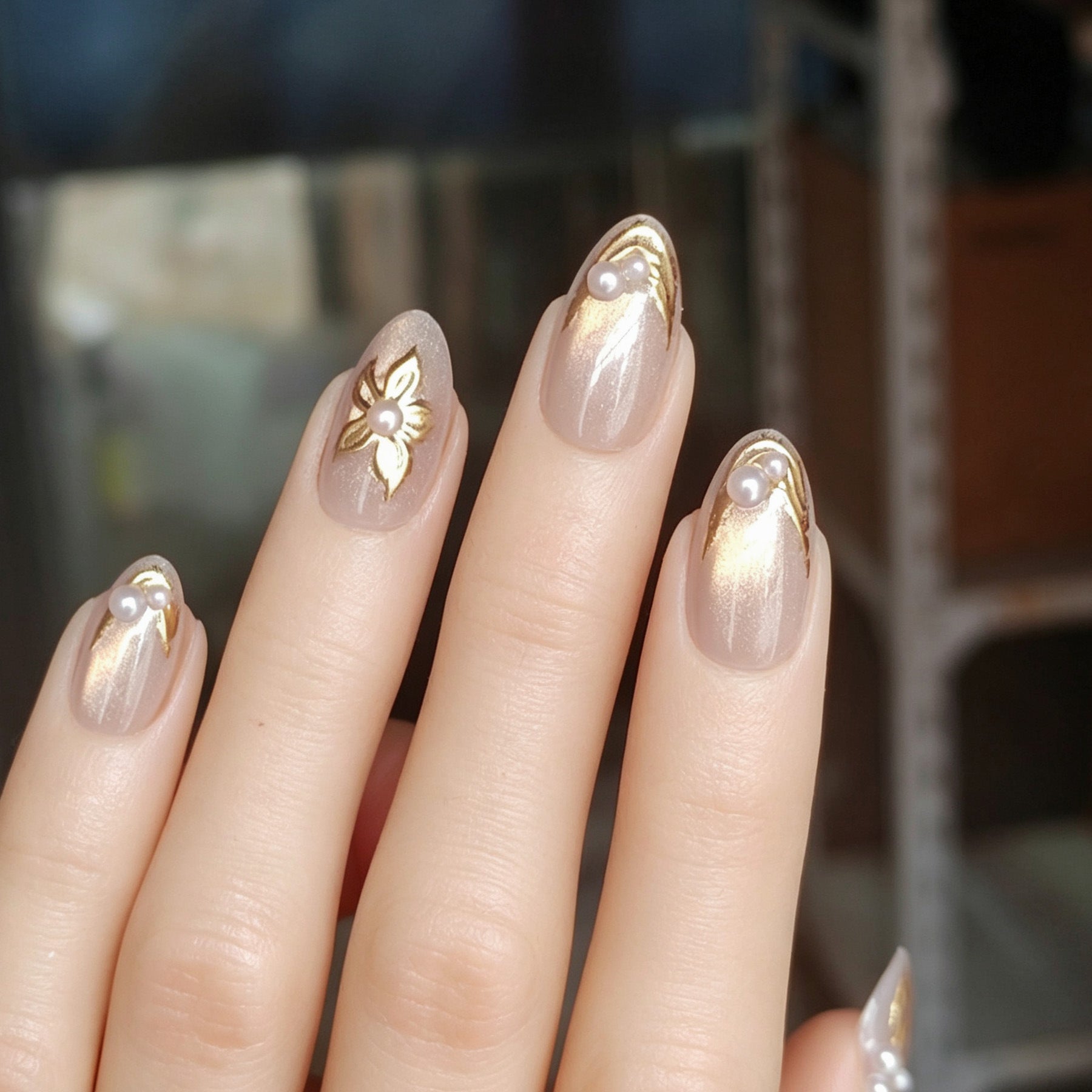 Luxury Cat Eye Gold Foil & Pearl Almond Press-On Nails
