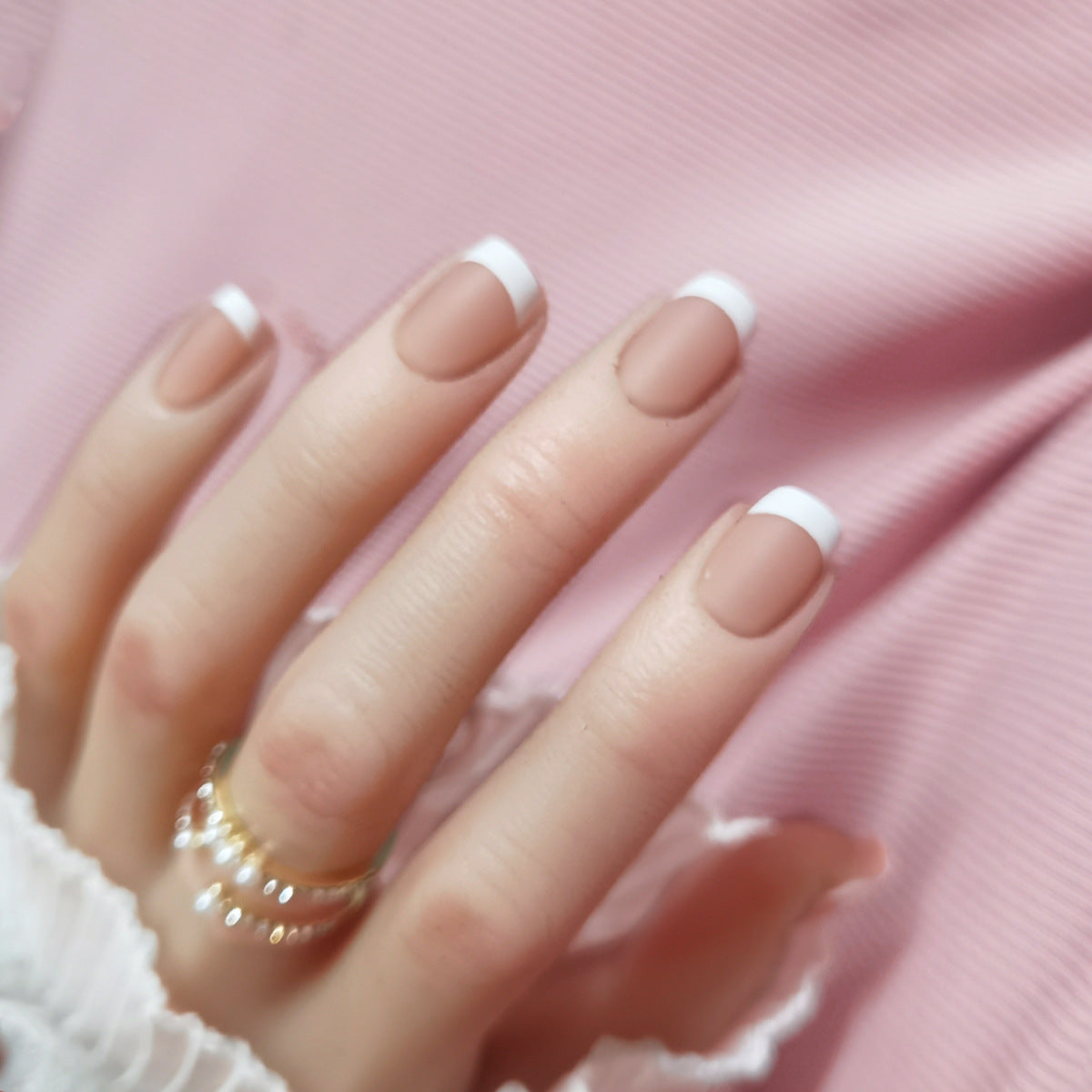 Classic Matte Nude Pink French Tip Press-on Nails - Medium Ballerina Coffin