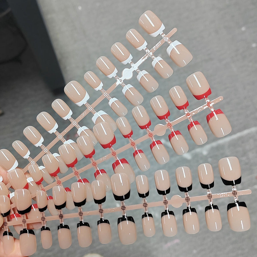Classic Short French Tip Press-On Nails - Red & Black Nude