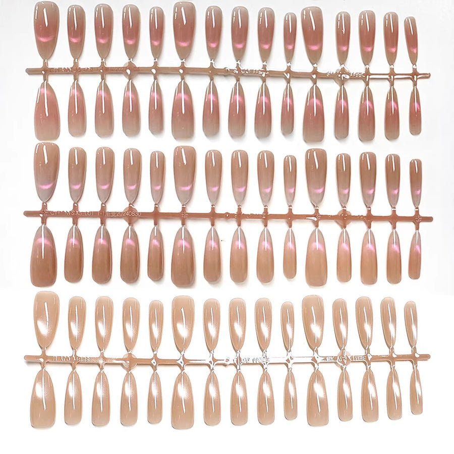 Elegant Nude Glass Bead Cat Eye Long Almond Press-On Nails