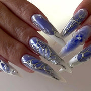 Y2K Blue Jelly French Stiletto Press-On Nails with Silver Butterflies & 3D Flowers