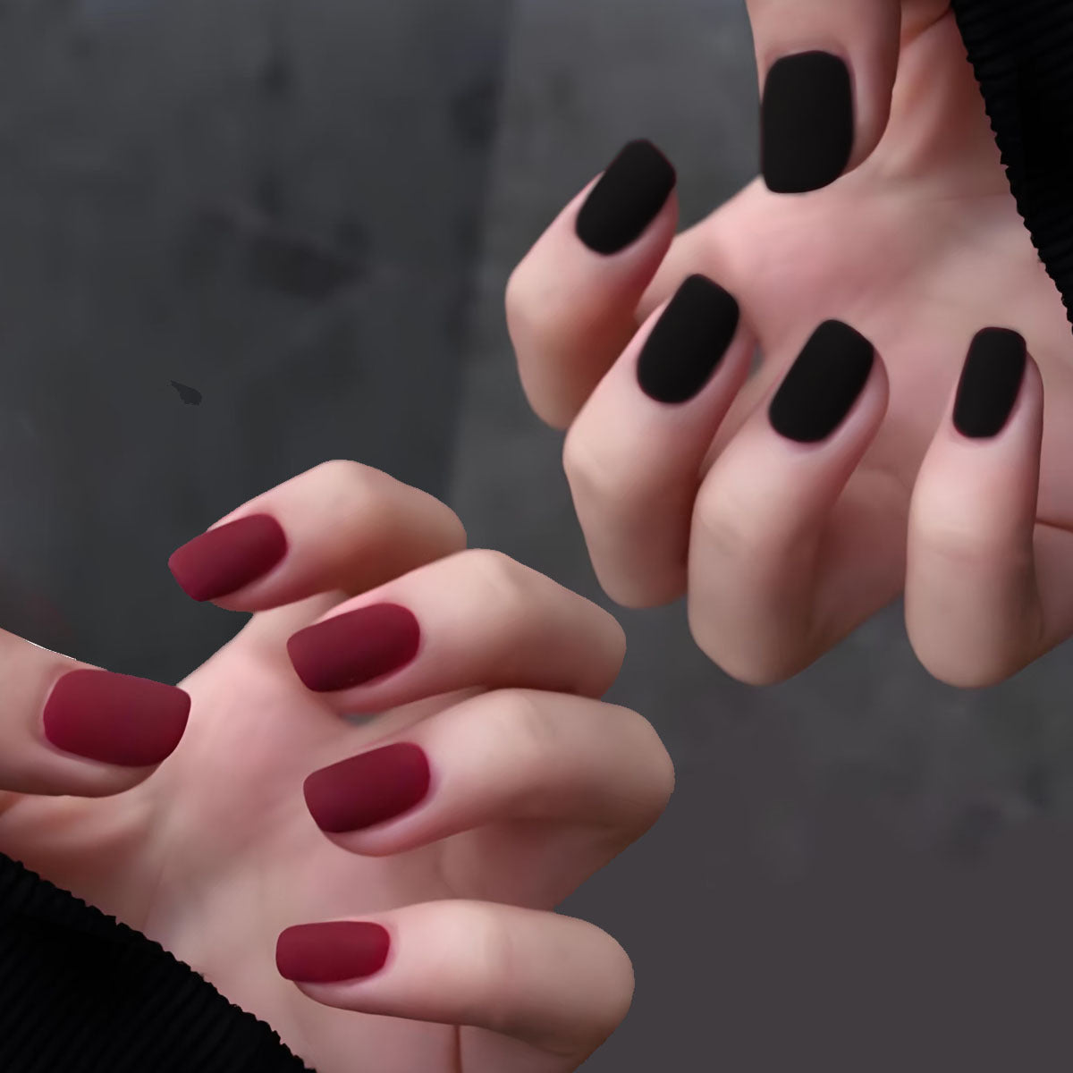 Short Matte Black & Red Press-On Nails | Velvet Frosted Dual-Tone Manicure
