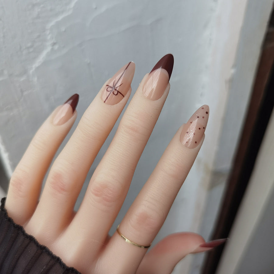 Elegant Burgundy French Tip & Gift Bow Press-On Nails