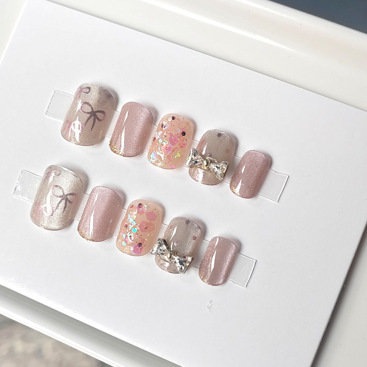 Cute Cat Eye Press-On Nails with Rhinestone Bows | Short Square Glam