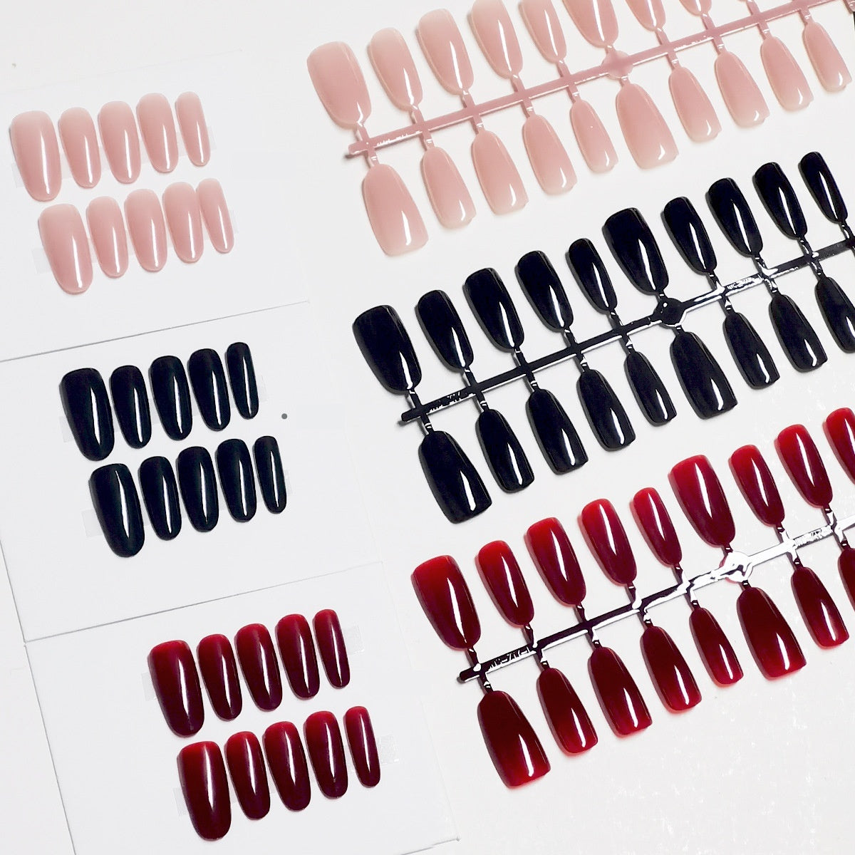 Versatile Solid Color Medium Almond Press-On Nails | Nude, Black & Burgundy