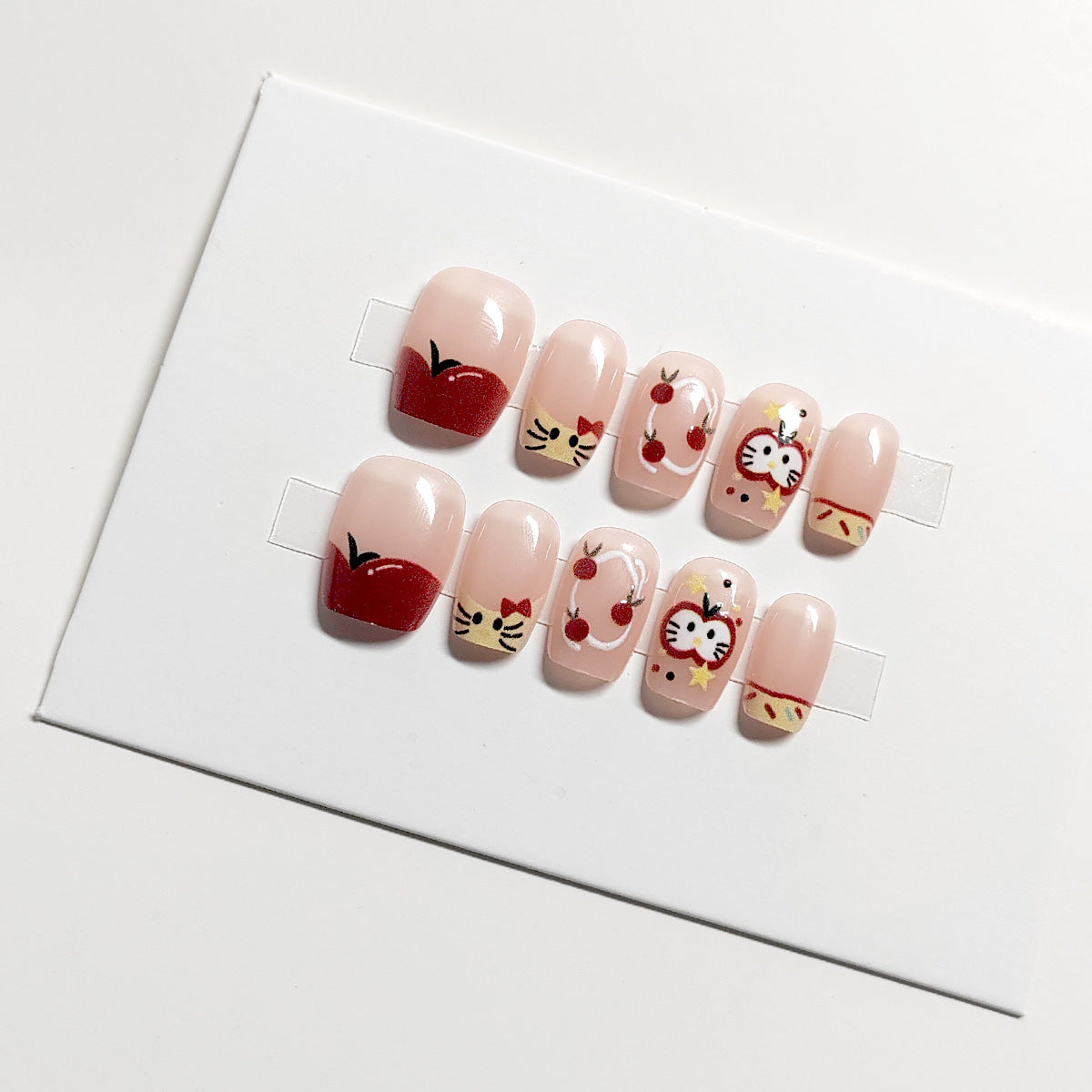 Cute Cartoon Apple Kitty Short Press-On Nails for Kids & Teens