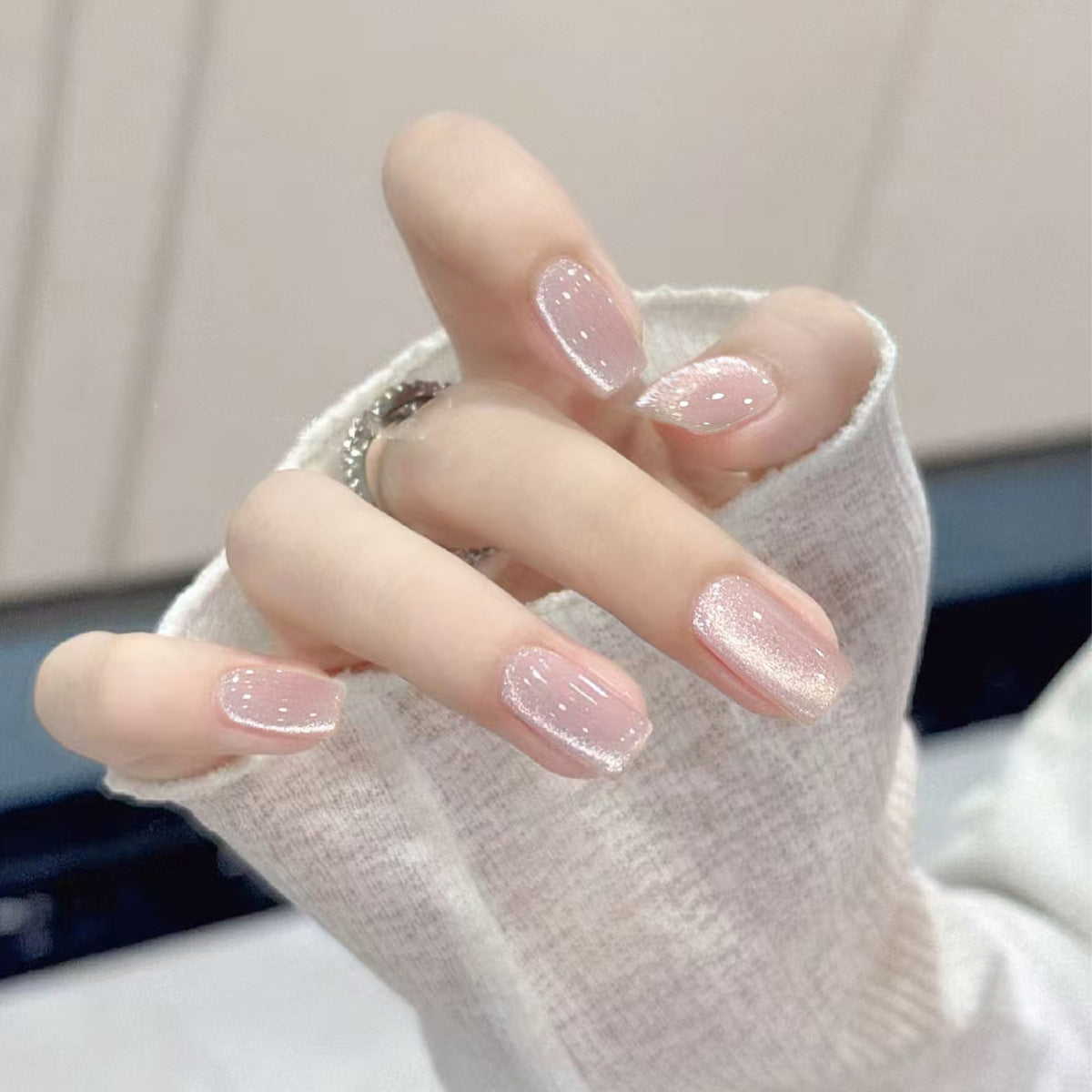 Sheer Lychee Pink Cat Eye Short Press-On Nails - Natural Everyday Wear