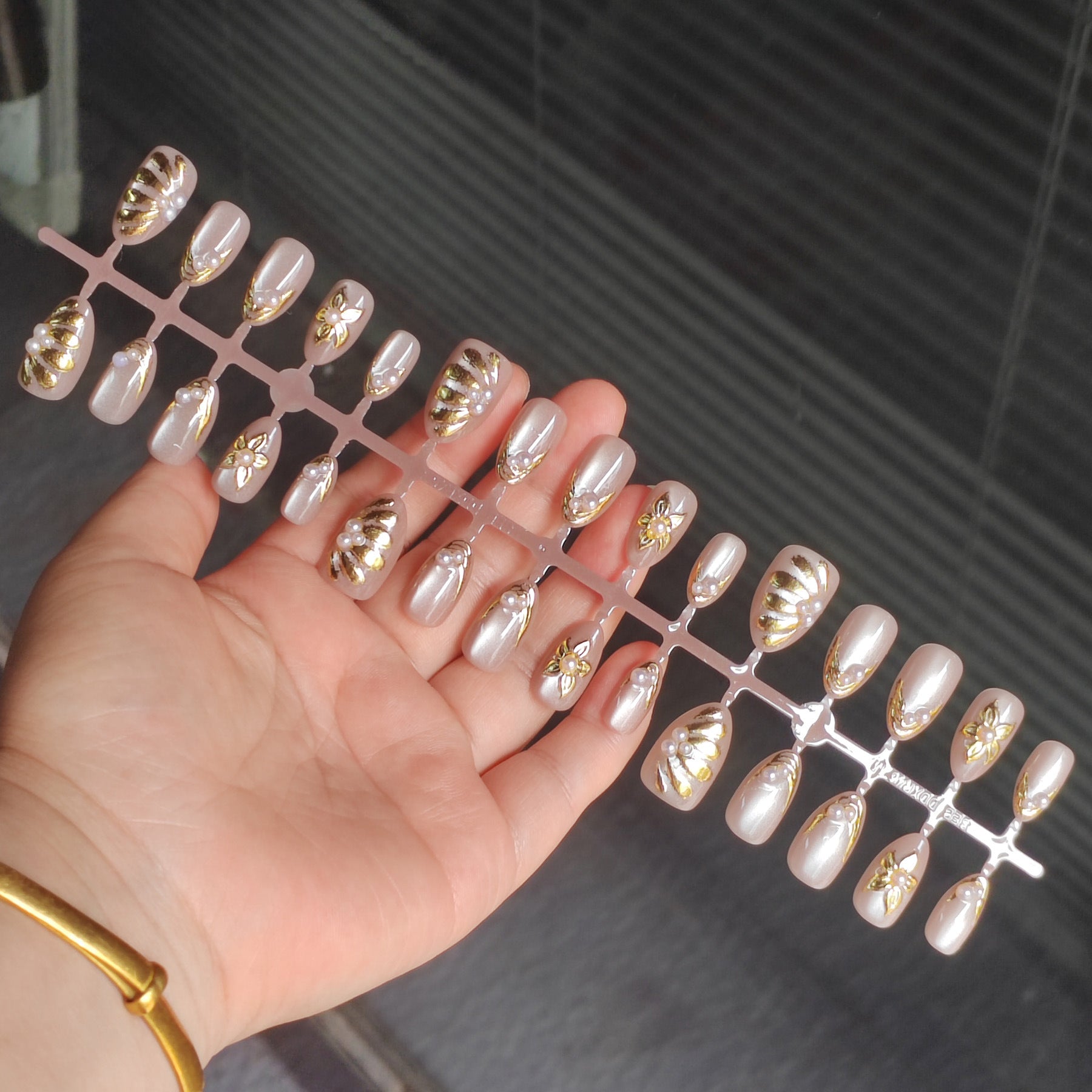 Luxury Cat Eye Gold Foil & Pearl Almond Press-On Nails