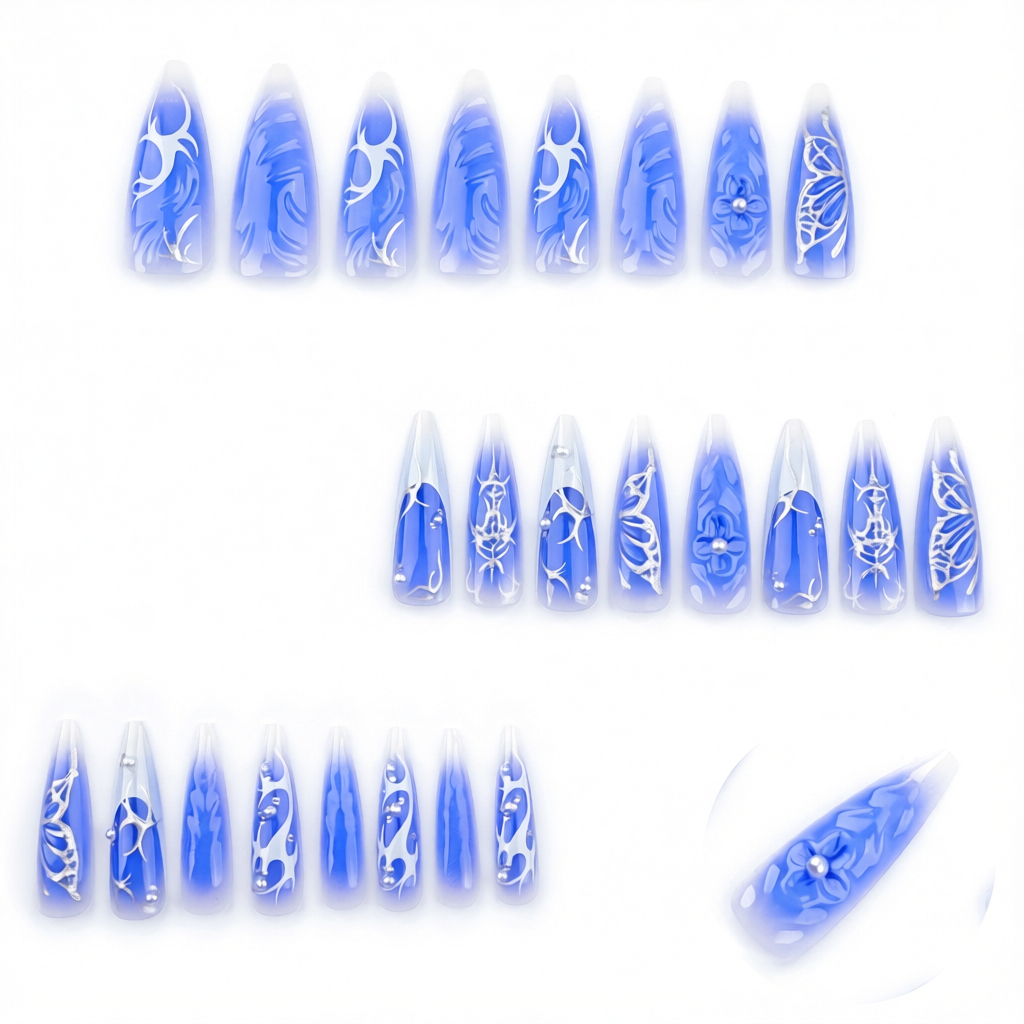 Y2K Blue Jelly French Stiletto Press-On Nails with Silver Butterflies & 3D Flowers