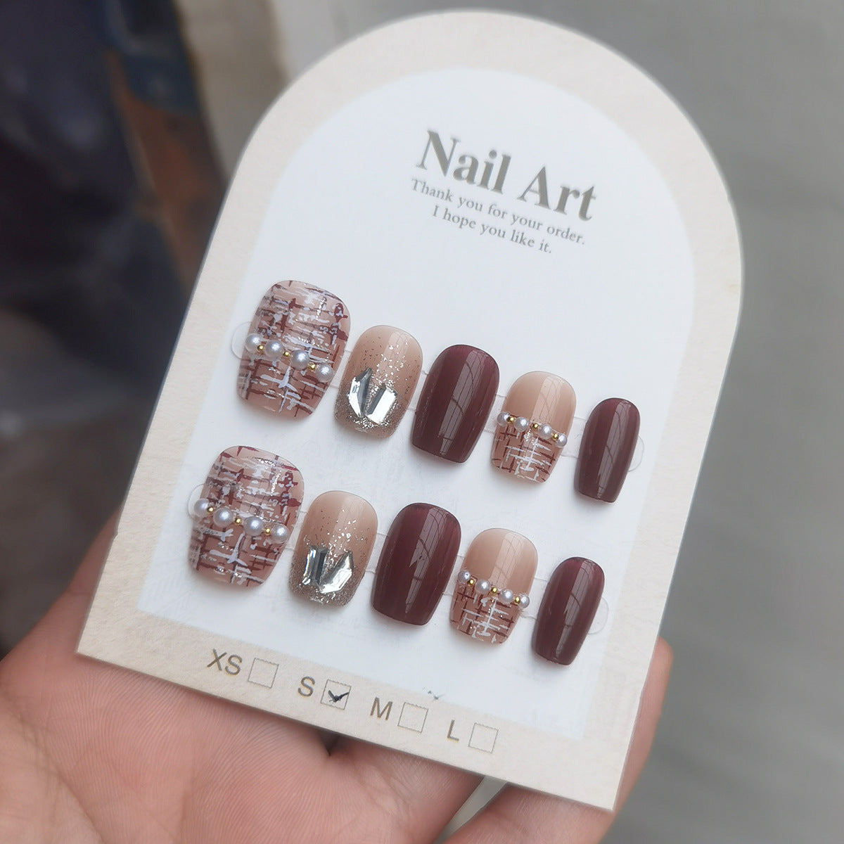Elegant Burgundy & Tweed Short Press-On Nails