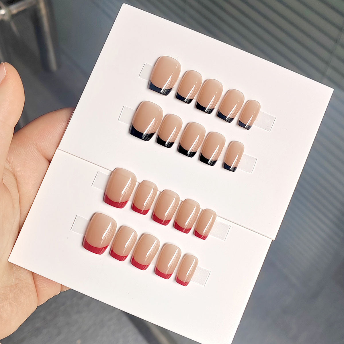 Classic Short French Tip Press-On Nails - Red & Black Nude