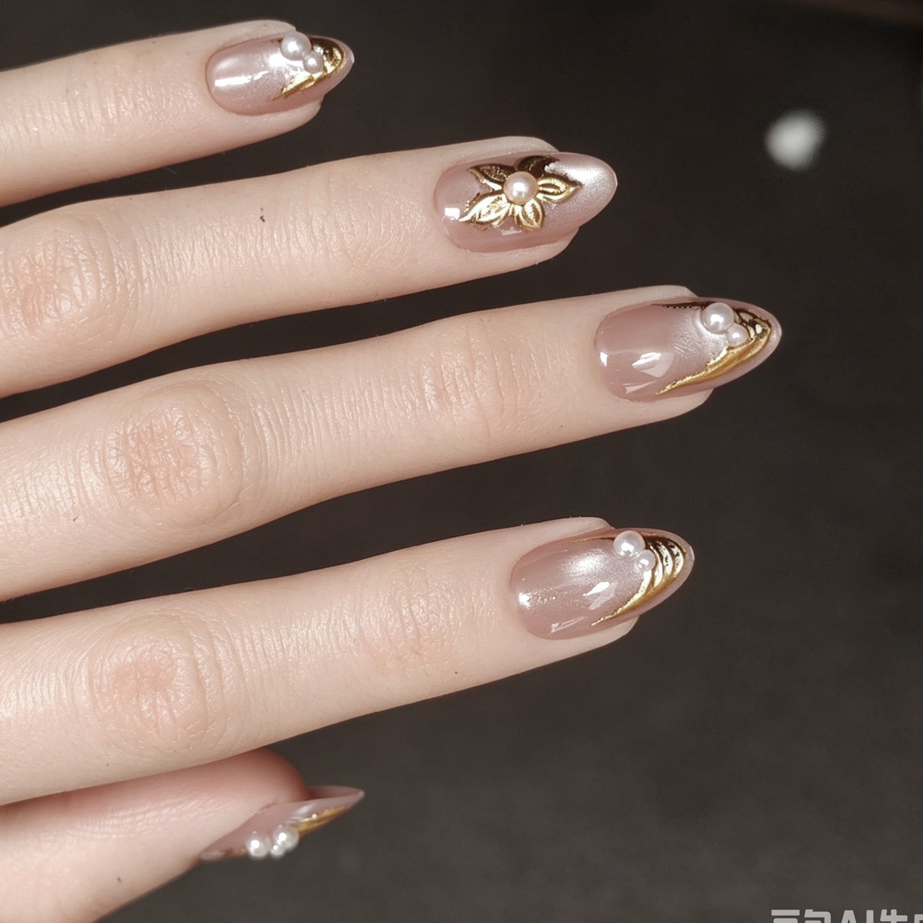 Luxury Cat Eye Gold Foil & Pearl Almond Press-On Nails