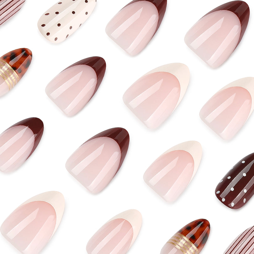 French Minimalist Geometric Nude Brown Almond Medium Press On Nails – Image 2