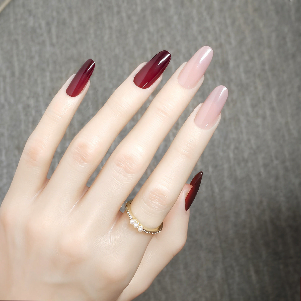 Versatile Solid Color Medium Almond Press-On Nails | Nude, Black & Burgundy