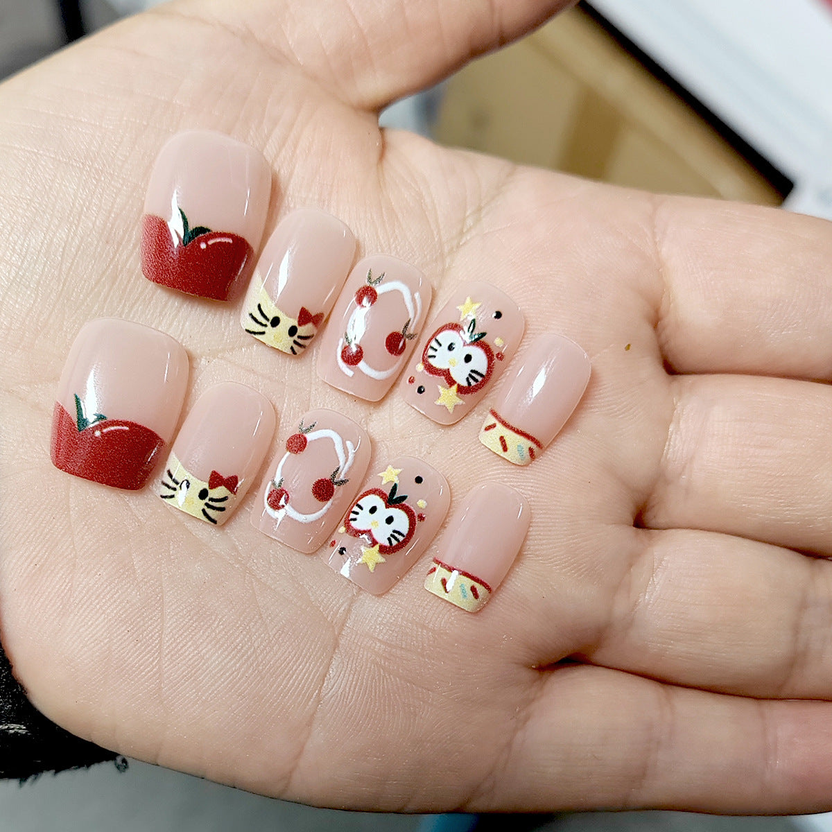 Cute Cartoon Apple Kitty Short Press-On Nails for Kids & Teens