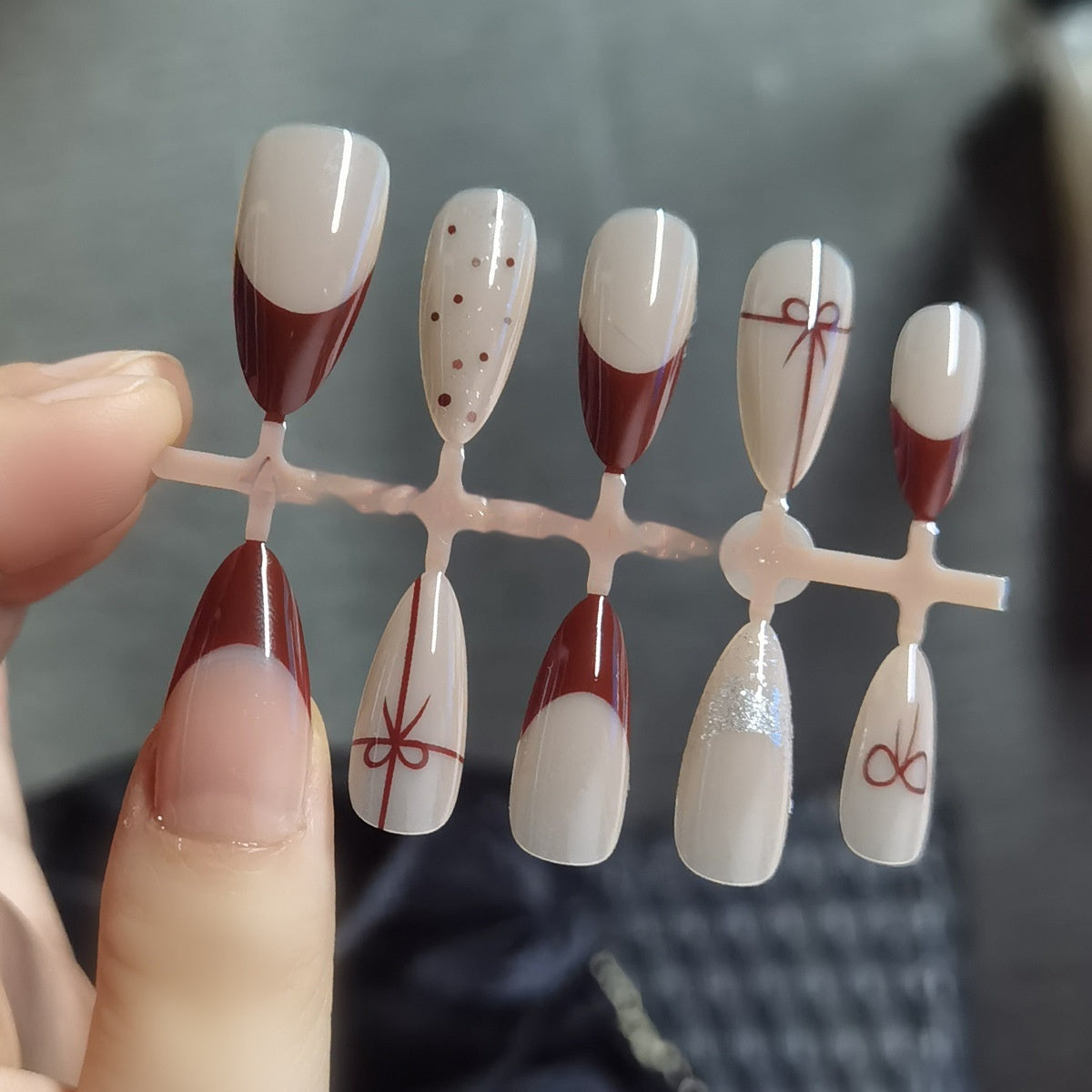 Elegant Burgundy French Tip & Gift Bow Press-On Nails