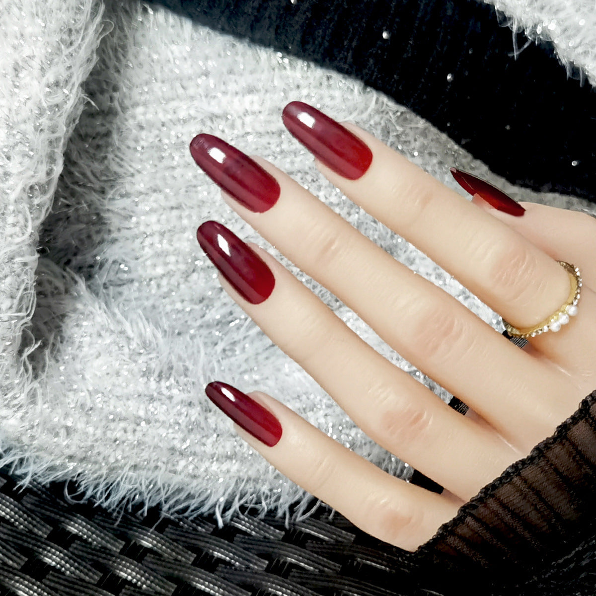 Versatile Solid Color Medium Almond Press-On Nails | Nude, Black & Burgundy