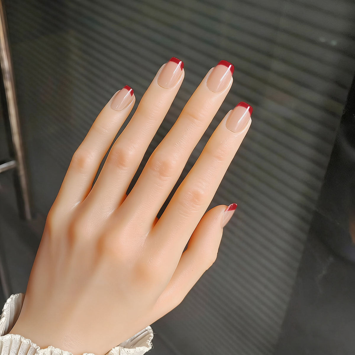 Classic Short French Tip Press-On Nails - Red & Black Nude