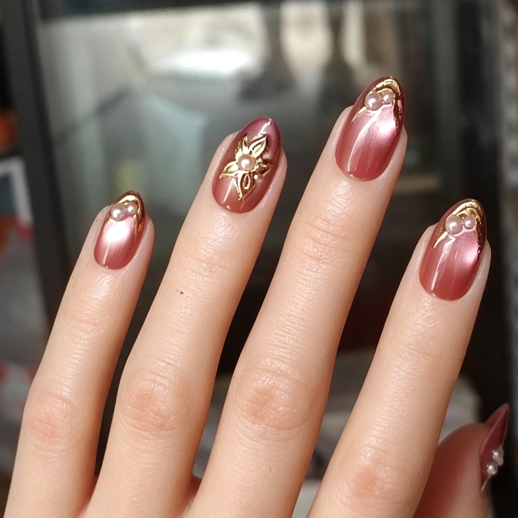 Luxury Cat Eye Gold Foil & Pearl Almond Press-On Nails