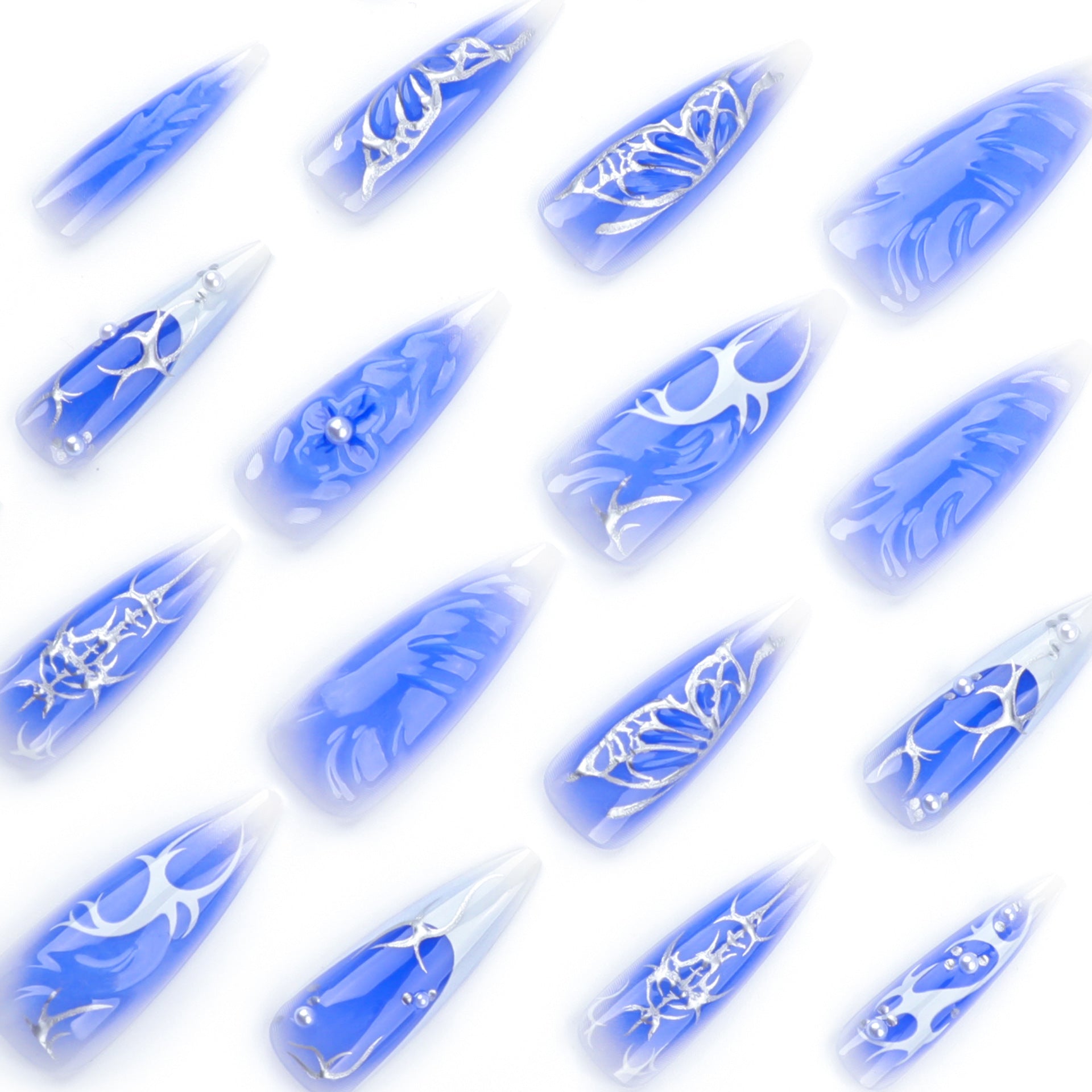 Y2K Blue Jelly French Stiletto Press-On Nails with Silver Butterflies & 3D Flowers