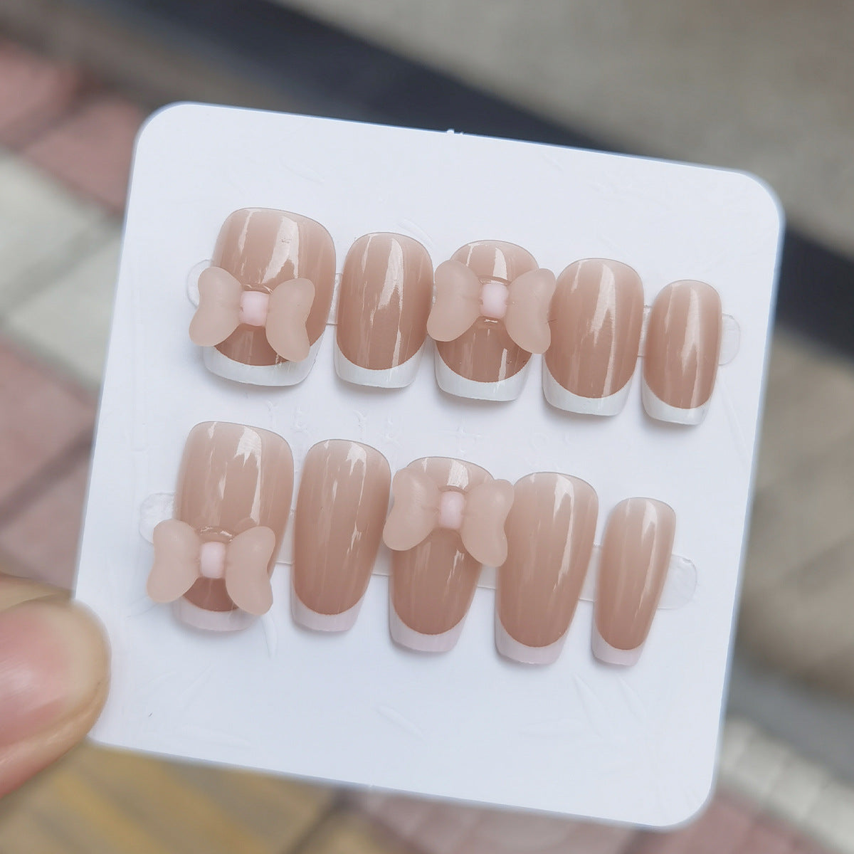 Sweet Nude French Tip Press-On Nails with 3D Pink Bows