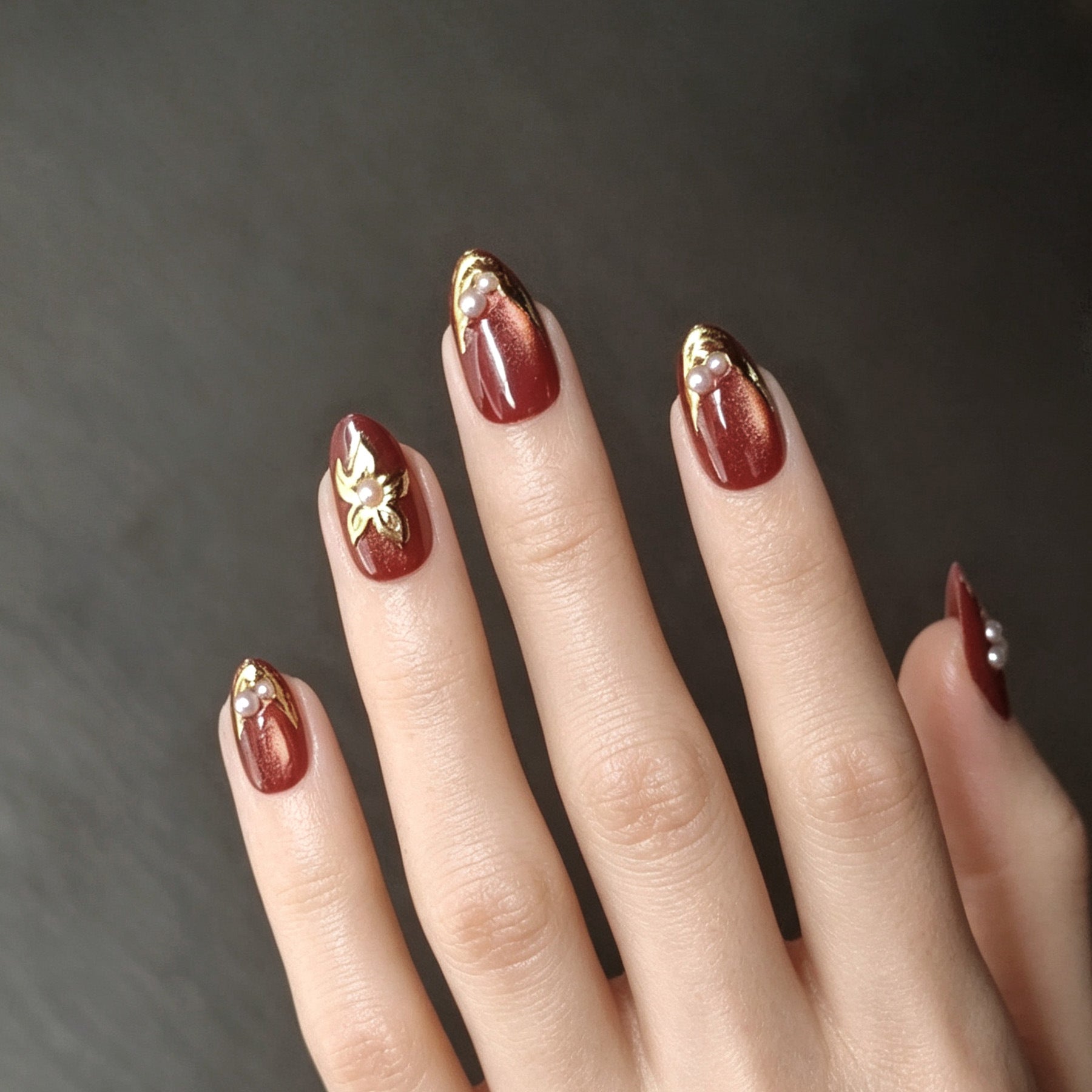 Luxury Cat Eye Gold Foil & Pearl Almond Press-On Nails