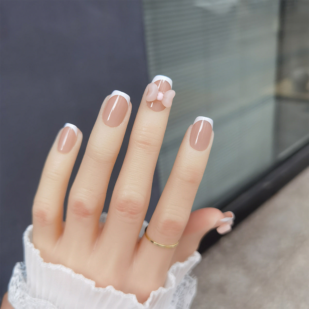Sweet Nude French Tip Press-On Nails with 3D Pink Bows